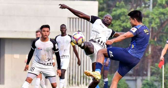 Chennai City FC celebrates after scoring a goal against Mohammedan SC in a pre-Super Cup friendly match.