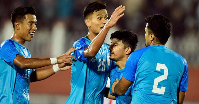 Indian and Kyrgyz Republic players in action during a football match
