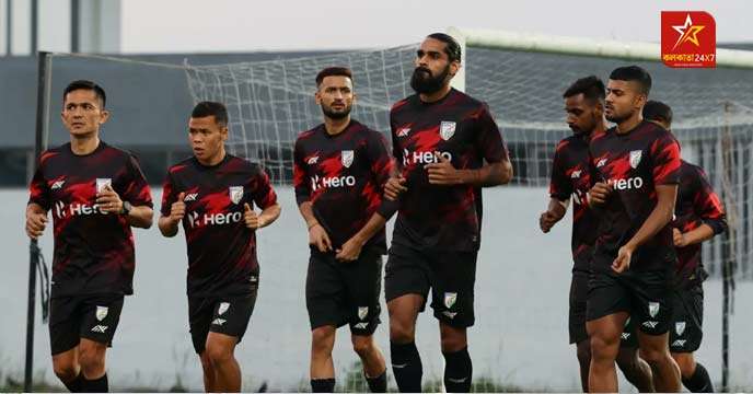 Indian Football Team standing together in their team jerseys