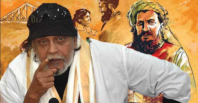 Rahmat Khan portrayed by Mithun Chakraborty, lost in thought while holding a bag over his shoulder, in traditional Afghan attire in Kabuliwala movie