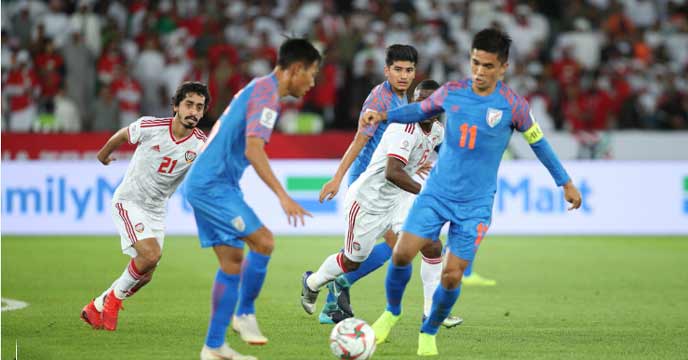 Indian Football team players in blue jerseys, gearing up for the Asian Cup tournament.