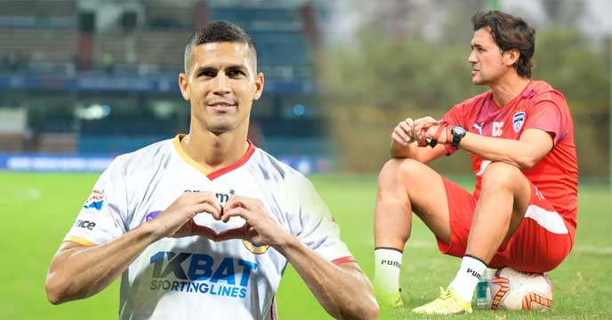 Carles Cuadrat and Cleiton Silva posing for a photo with East Bengal jerseys.