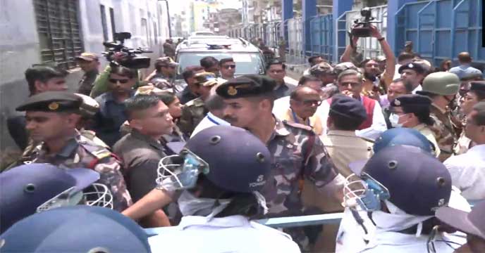 Fact-finding committee members talking to the media.