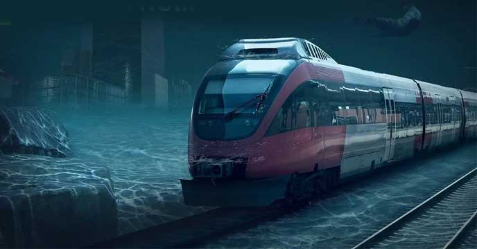 Kolkata Metro Rail train moving on elevated tracks, connecting Kolkata and Howrah via the Ganges.