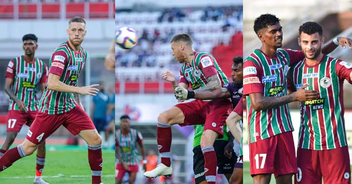 Mohun Bagan players celebrating a goal on the field