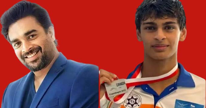 R Madhavan with his son Vedaant at the Malaysia Swimming Championship