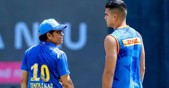 Sachin Tendulkar and Arjun Tendulkar walking off the field together