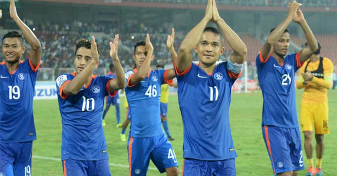 Indian National Football Team in action on the field.