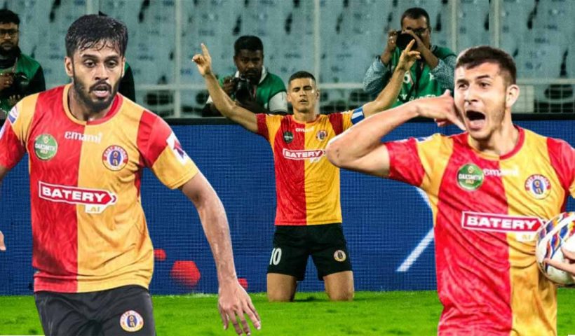 Souvik Chakrabarti punches the East Bengal captain Cleiton Silva