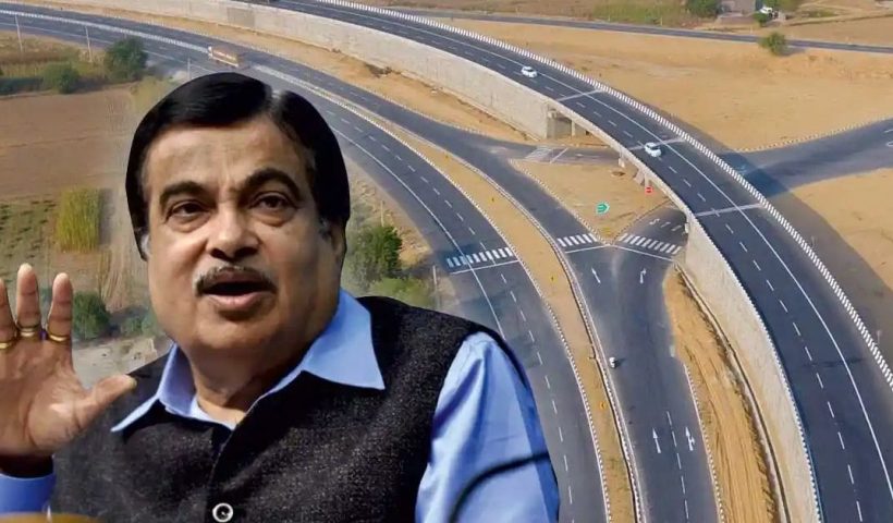 A portrait of Nitin Gadkari, an Indian politician and Minister for Road Transport and Highways, wearing formal attire with a serious expression, standing against a neutral background.