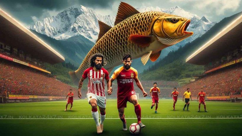 Football match in Thimphu, Bhutan Bangladesh Bashundhara Kings vs East Bengal of India Bangladesh Bashundhara Kings jersey color is red white and East Bengal jersey color is red yellow The first choice of the two groups is hilsa fish from the Ganges and Padma