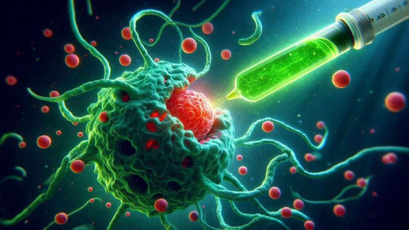 A cancer cell is being attacked by a new antibody