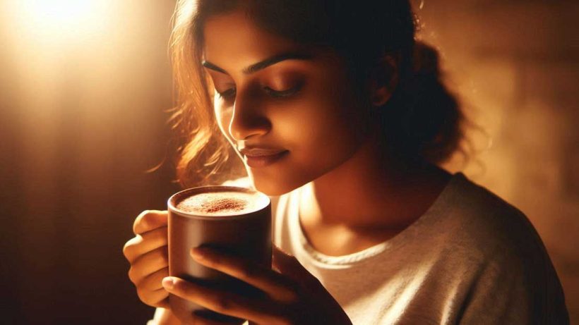 Indian woman in her 30s is drinking cocoa. The lighting is warm and cozy