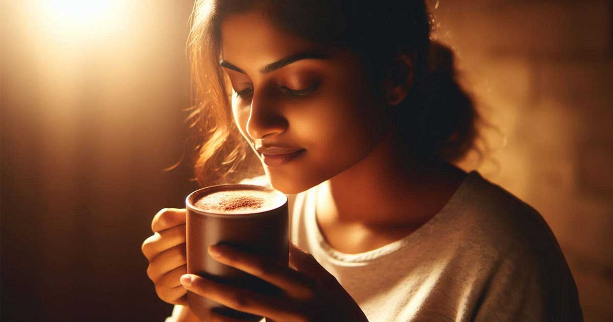 Indian woman in her 30s is drinking cocoa. The lighting is warm and cozy
