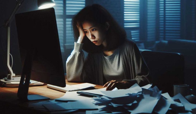 A person working from home is sitting at their desk, looking stressed and overwhelmed. The lighting is dim and the color scheme is muted, with a lot of grays and blues. The person is surrounded by papers and their computer screen is filled with emails. The image conveys a sense of anxiety and stress.
