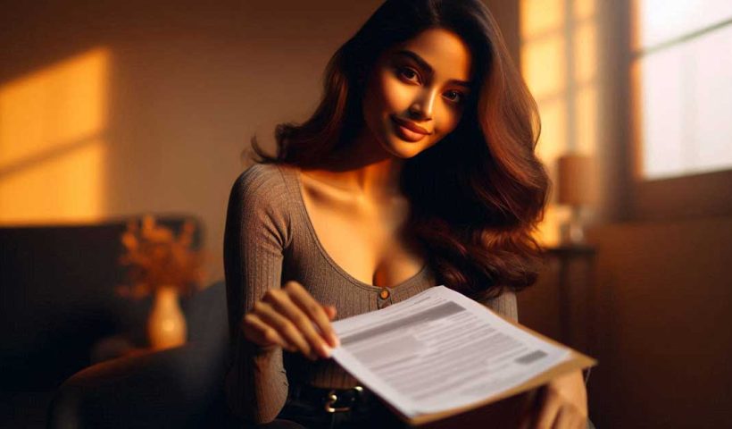 hot Bengali girl in India is sitting on a chair, holding a document in her hand