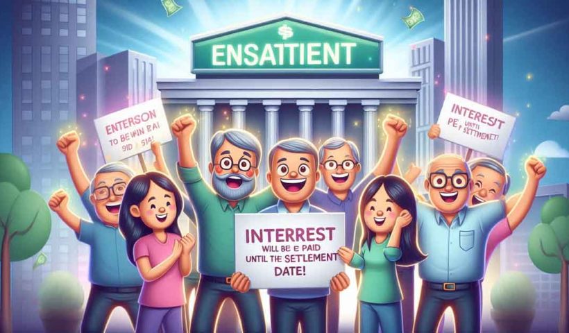 A cheerful scene of EPF members celebrating the news that interest will now be paid until the settlement date