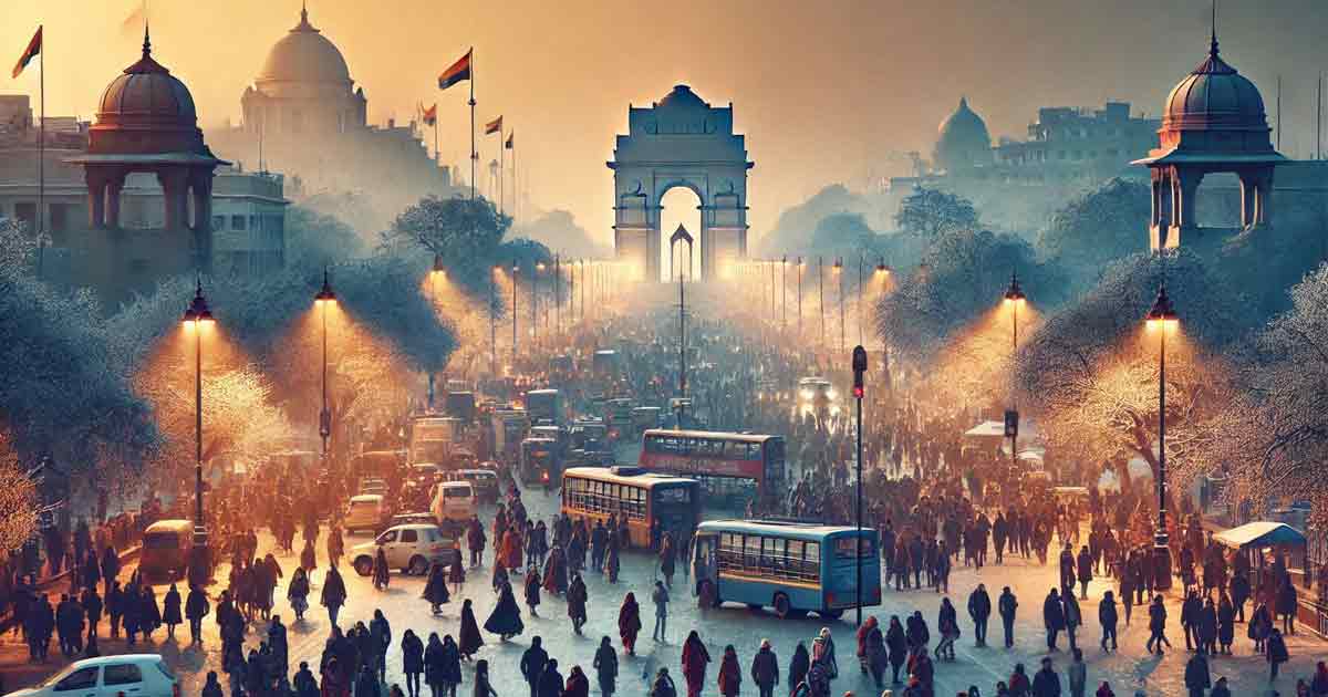 bustling cityscape of Delhi under a clear, crisp winter sky