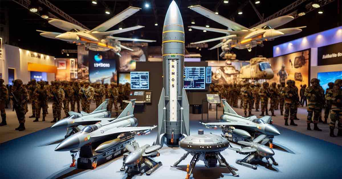 high-tech Indian Army weapons display featuring the BrahMos missile and Hornet drones