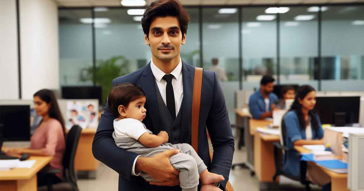 A single male government employee in India, dressed in formal attire, holding a child in his arms