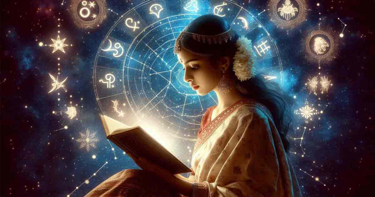 An Indian girl reading her daily horoscope, surrounded by celestial symbols and stars