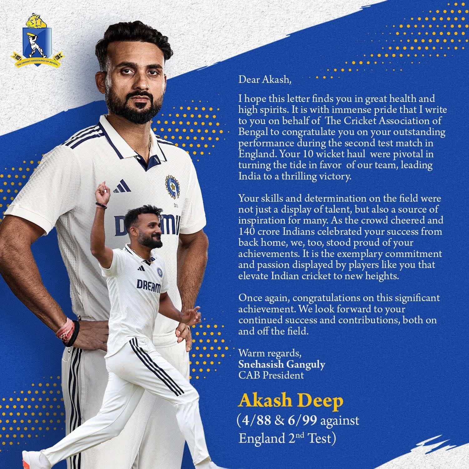 Akash Deep Receives Heartfelt Letter from CAB President After Historic Ten-Wicket Haul