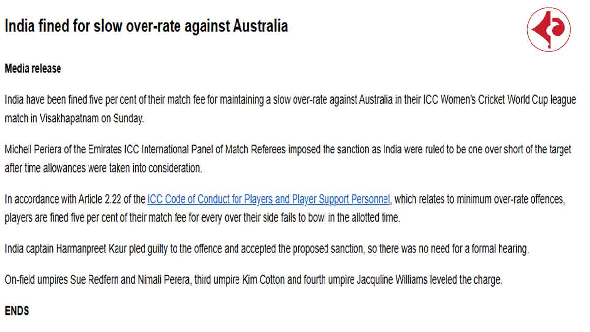 India Cricket Team fined for slow over-rate against Australia in ICC Womens World Cup 2025
